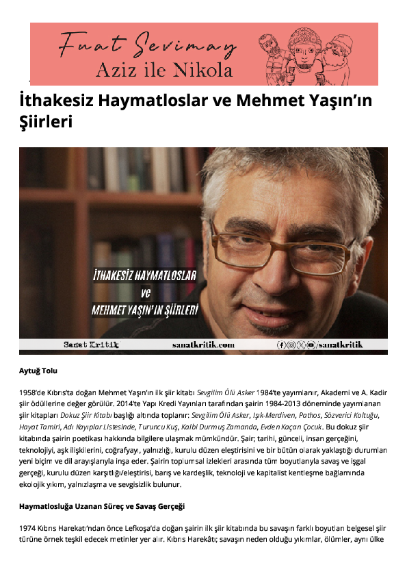 First page of “İthakesiz Haymatloslar ve Mehmet Yaşın’ın Şiirleri”