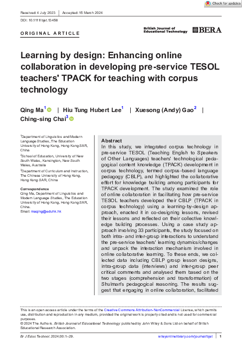 First page of “Learning by design: Enhancing online collaboration in developing pre-service TESOL teachers' TPACK for teaching with corpus technology”