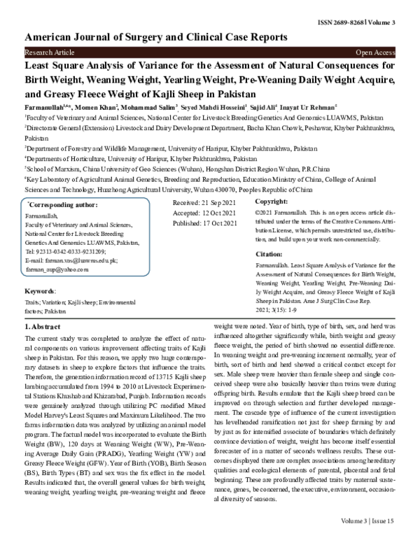 First page of “Least Square Analysis of Variance for the Assessment of Natural Consequences for Birth Weight, Weaning Weight, Yearling Weight, Pre-Weaning Daily Weight Acquire, and Greasy Fleece Weight of Kajli Sheep in Pakistan”