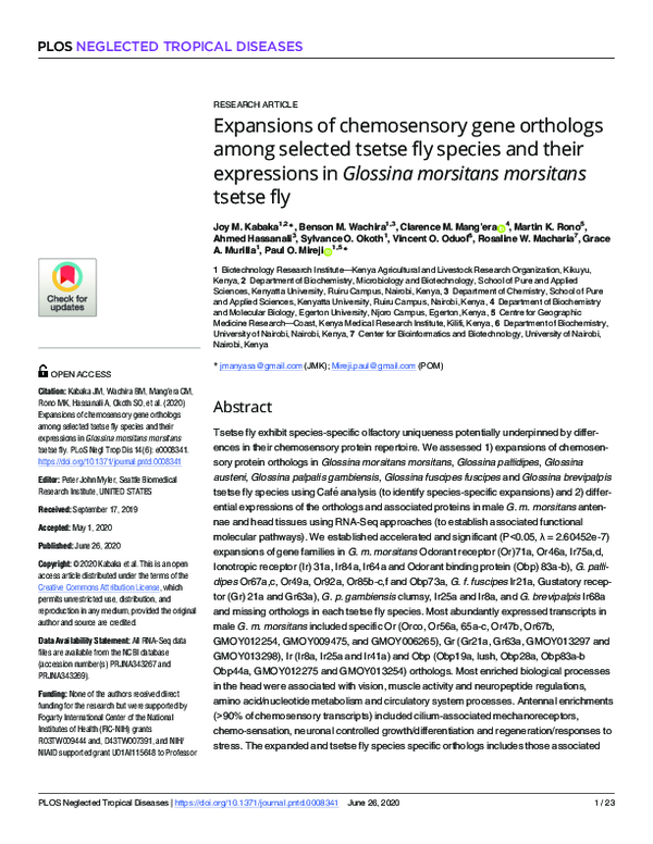 First page of “Expansions of chemosensory gene orthologs among selected tsetse fly species and their expressions in Glossina morsitans morsitans tsetse fly”