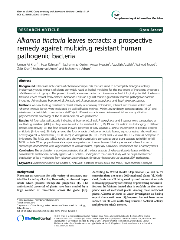 First page of “Alkanna tinctoria leaves extracts: a prospective remedy against multidrug resistant human pathogenic bacteria”