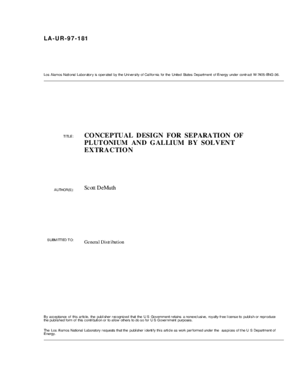 First page of “Conceptual Design For Separation Of Plutonium And Gallium By Solvent Extraction”