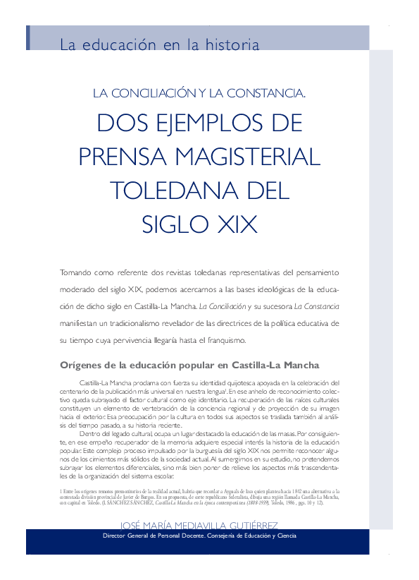 First page of “La Conciliación y La Constancia, dos ejemplos de prensa magisterial toledana en el siglo XIX”