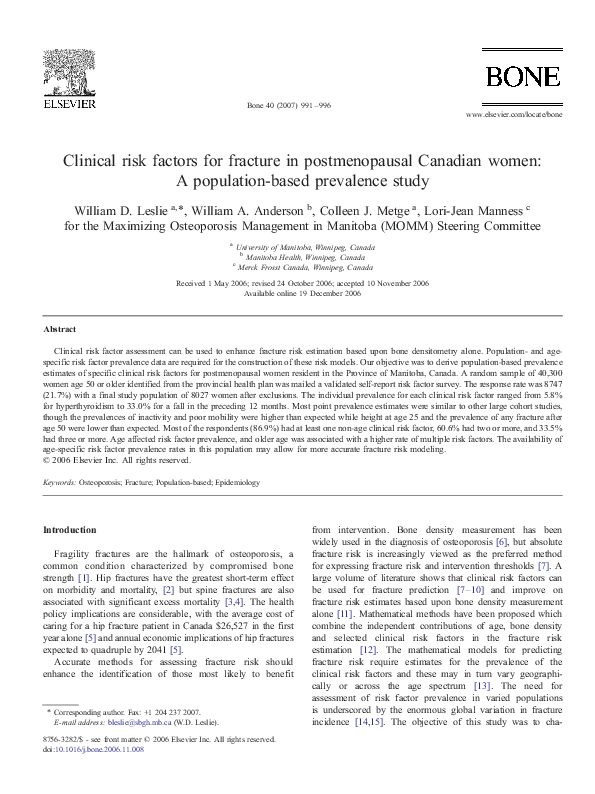 First page of “Clinical risk factors for fracture in postmenopausal Canadian women: A population-based prevalence study”