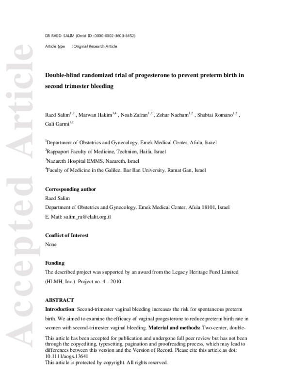 First page of “Double‐blind randomized trial of progesterone to prevent preterm birth in second‐trimester bleeding”