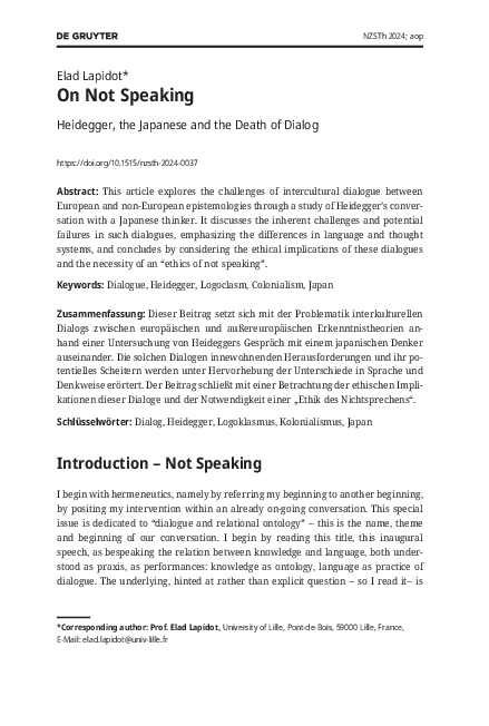 First page of “Heidegger, the Japanese and the Death of Dialog”