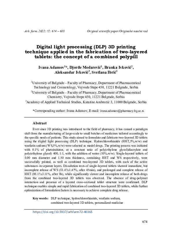 First page of “Digital light processing (DLP) 3D printing technique applied in the fabrication of two-layered tablets: The concept of a combined polypill”