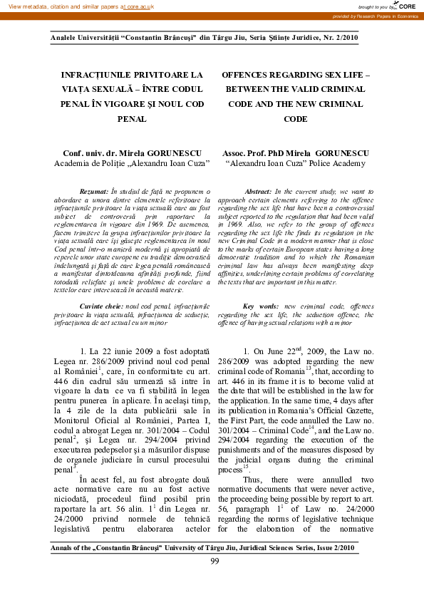 First page of “Offences Regarding Sex Life – Between the Valid Criminal Code and the New Criminal Code”