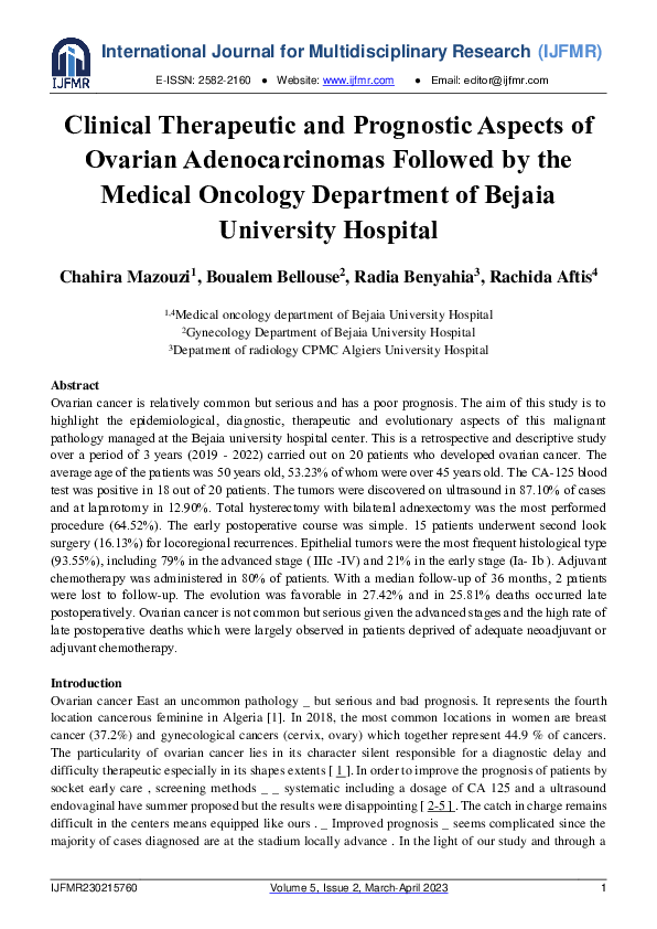 First page of “Clinical Therapeutic and Prognostic Aspects of Ovarian Adenocarcinomas Followed by the Medical Oncology Department of Bejaia University Hospital”