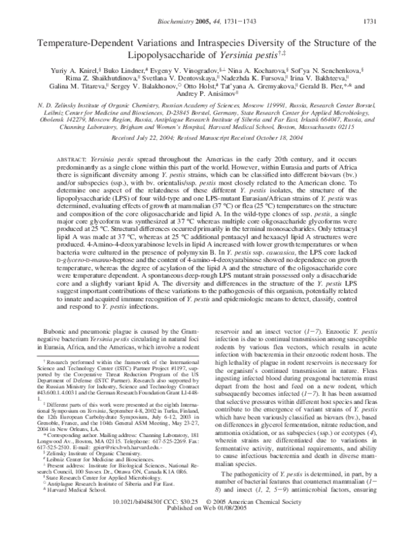 First page of “Temperature-Dependent Variations and Intraspecies Diversity of the Structure of the Lipopolysaccharide of Yersinia pestis”