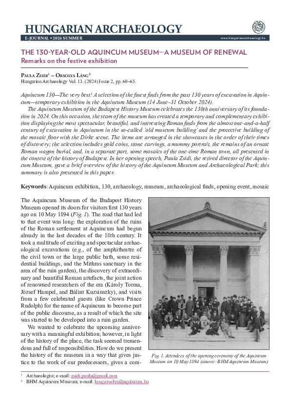 First page of “THE 130-YEAR-OLD AQUINCUM MUSEUM-A MUSEUM OF RENEWAL Remarks on the festive exhibition”