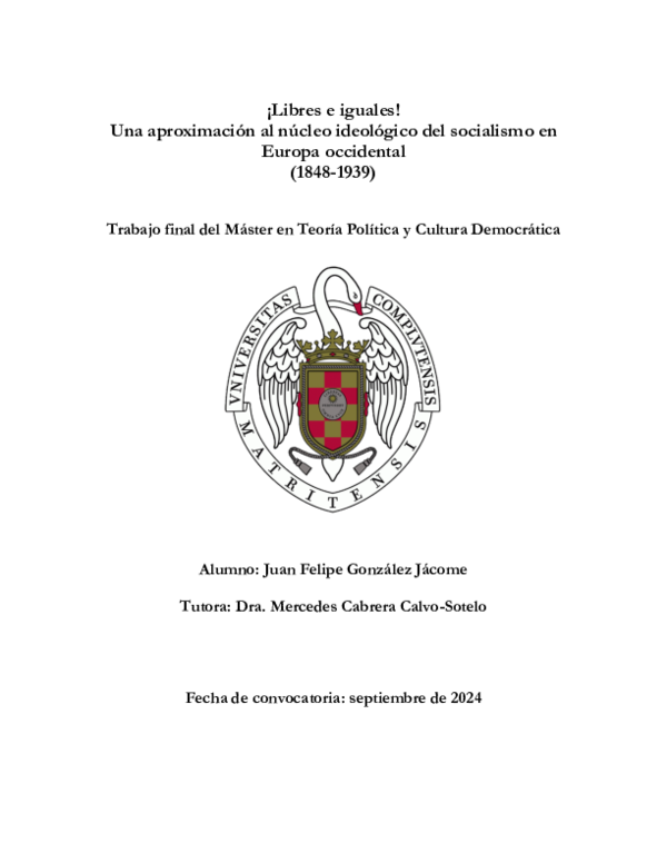 First page of “Libres e iguales! Una aproximación al núcleo ideológico del socialismo en Europa occidental (1848-1939”