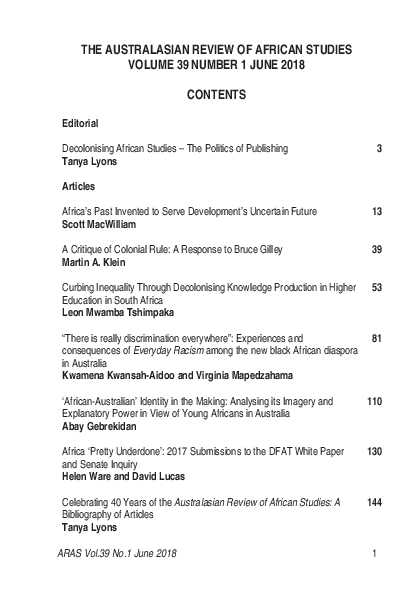 First page of “Celebrating 40 Years of the Australasian Review of African Studies: A Bibliography of Articles”