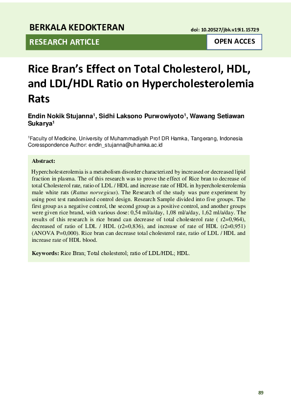 First page of “Rice Bran’s Effect on Total Cholesterol, HDL, and LDL/HDL Ratio on Hypercholesterolemia Rats”