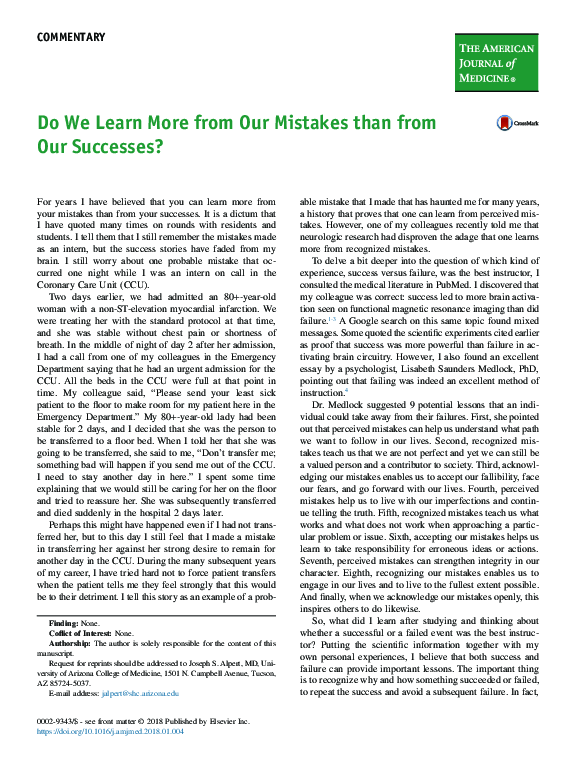 First page of “Do We Learn More from Our Mistakes than from Our Successes?”