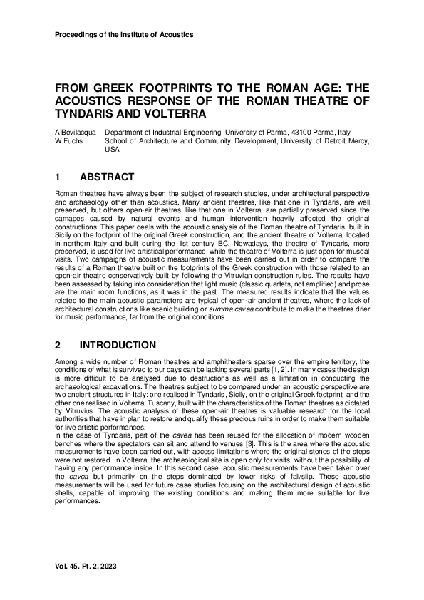 First page of “From Greek Footprint to the Roman Age the Acoustics Response of the Roman Theatre of Tyndaris and Volterra”