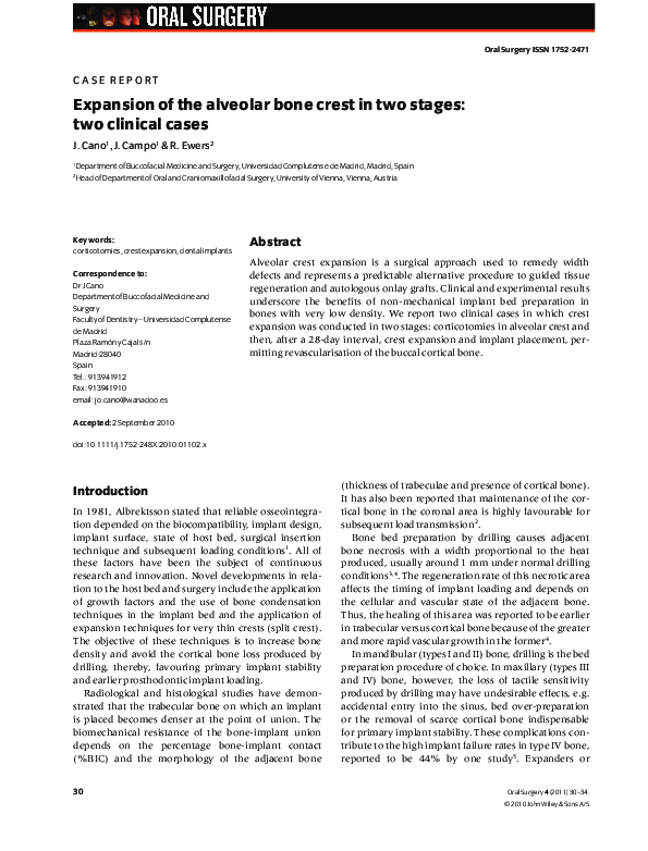 First page of “Expansion of the alveolar bone crest in two stages: two clinical cases”