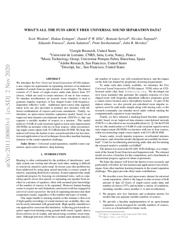 First page of “What's All the FUSS About Free Universal Sound Separation Data?”