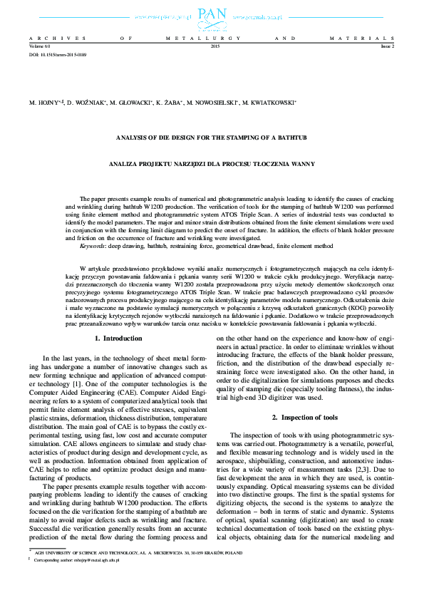 First page of “Analysis Of Die Design For The Stamping Of A Bathtub”