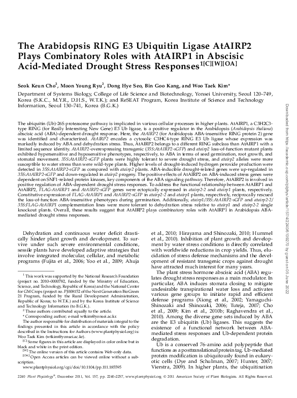 First page of “The Arabidopsis RING E3 Ubiquitin Ligase AtAIRP2 Plays Combinatory Roles with AtAIRP1 in Abscisic Acid-Mediated Drought Stress Responses”