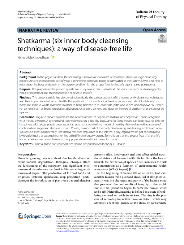 First page of “Shatkarma (six inner body cleansing techniques): a way of disease-free life”