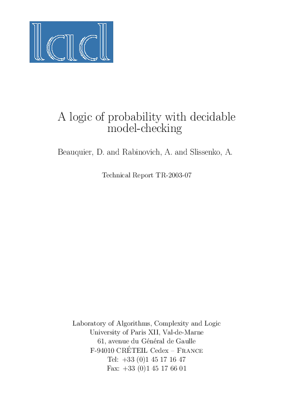 First page of “A Logic of Probability with Decidable Model Checking”