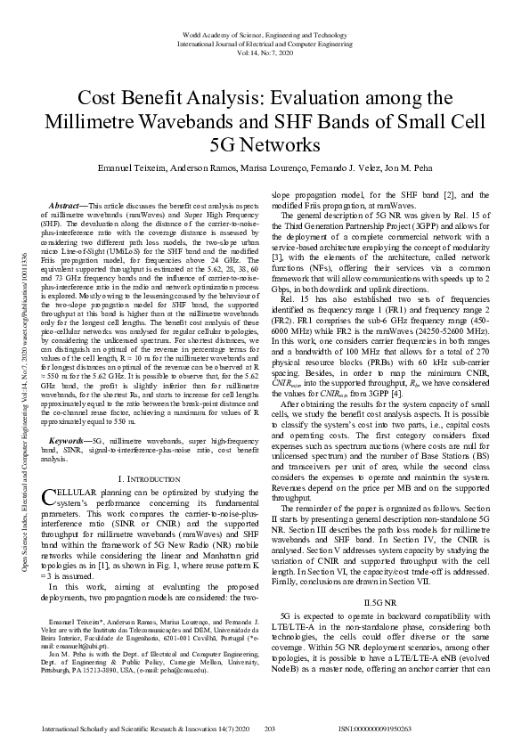 First page of “Cost Benefit Analysis: Evaluation among the Millimetre Wavebands and SHF Bands of Small Cell 5G Networks”