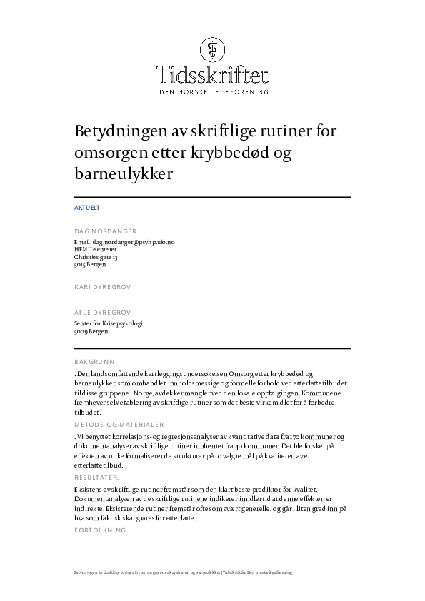 First page of “Betydningen av skriftlige rutiner for omsorgen etter krybbedød og barneulykker”