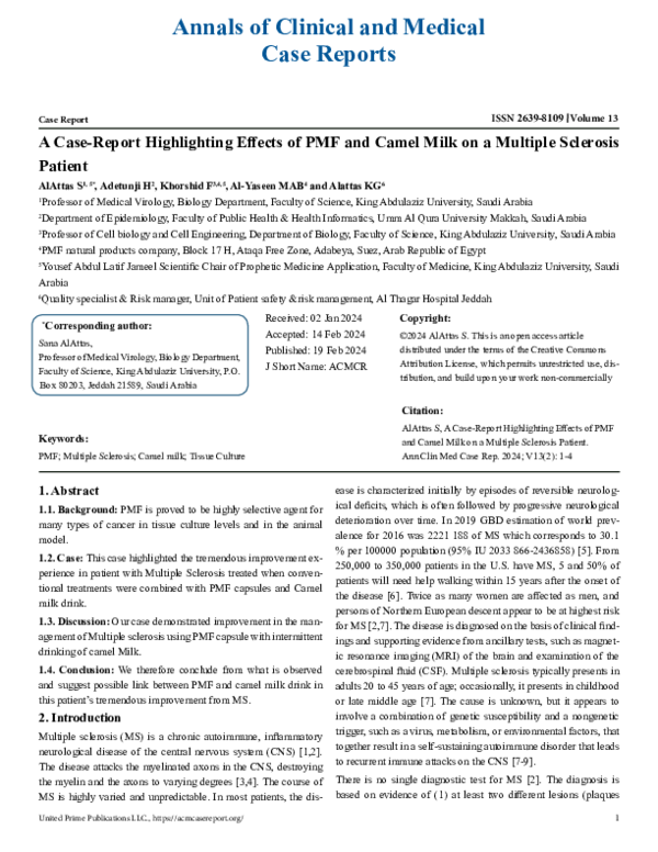 First page of “A Case-Report Highlighting Effects of PMF and Camel Milk on a Multiple Sclerosis Patient”