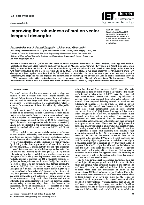 First page of “Improving the robustness of motion vector temporal descriptor”