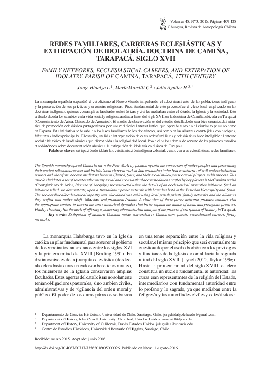 First page of “Redes Familiares, Carreras Eclesiásticas y Extirpación De Idolatría: Doctrina De Camiña, Tarapacá. Siglo XVII”