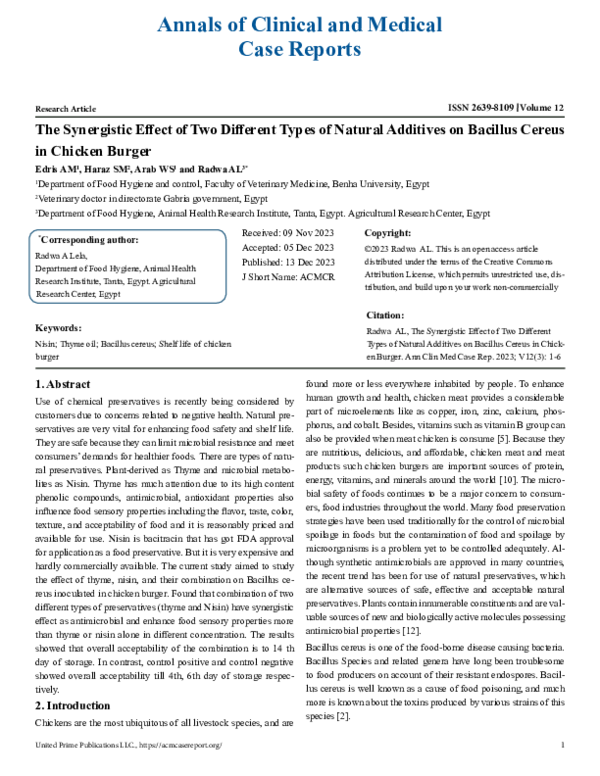 First page of “The Synergistic Effect of Two Different Types of Natural Additives on Bacillus Cereus in Chicken Burger”