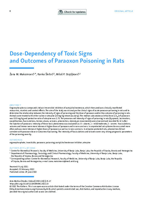 First page of “Dose-Dependency of Toxic Signs and Outcomes of Paraoxon Poisoning in Rats”