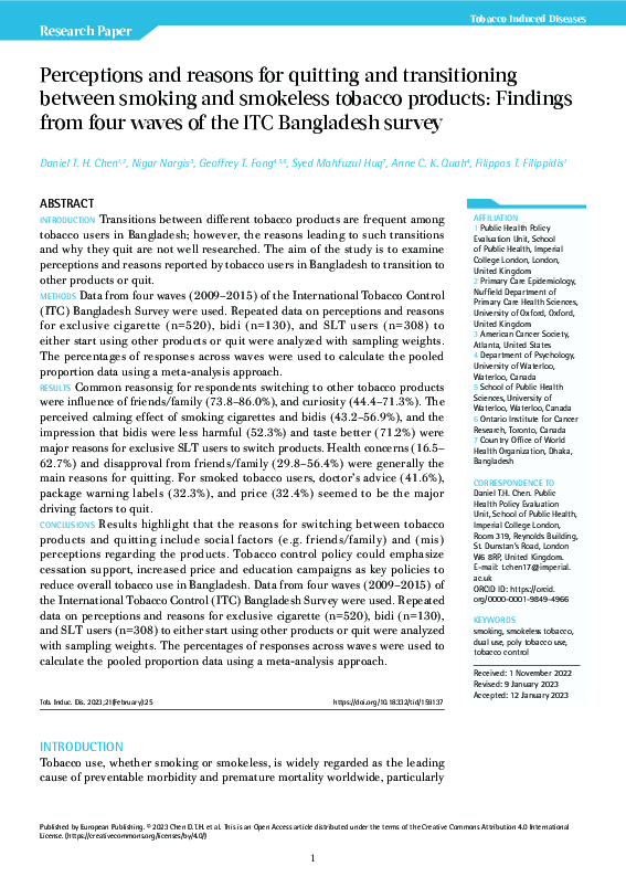 First page of “Perceptions and reasons for quitting and transitioning between smoking and smokeless tobacco products: Findings from four waves of the ITC Bangladesh survey”