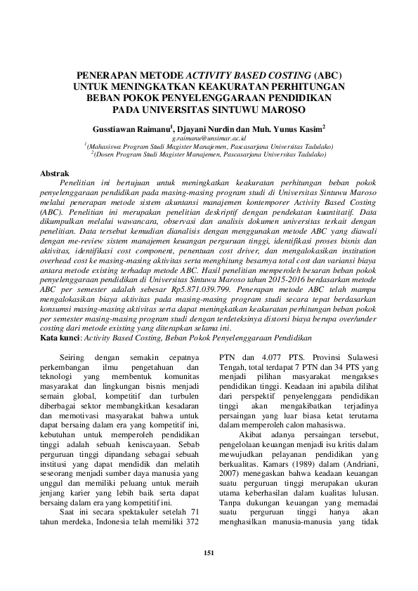 First page of “Penerapan Metode Activity Based Costing (Abc) Untuk Meningkatkan Keakuratan Perhitungan Beban Pokok Penyelenggaraan Pendidikan Pada Universitas Sintuwu Maroso”