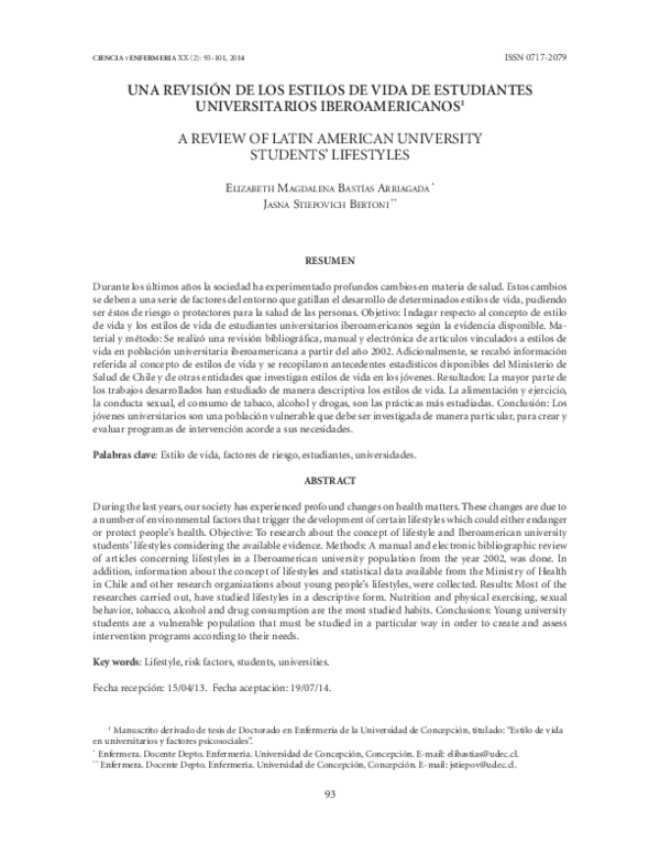 First page of “Una Revisión De Los Estilos De Vida De Estudiantes Universitarios Iberoamericanos”