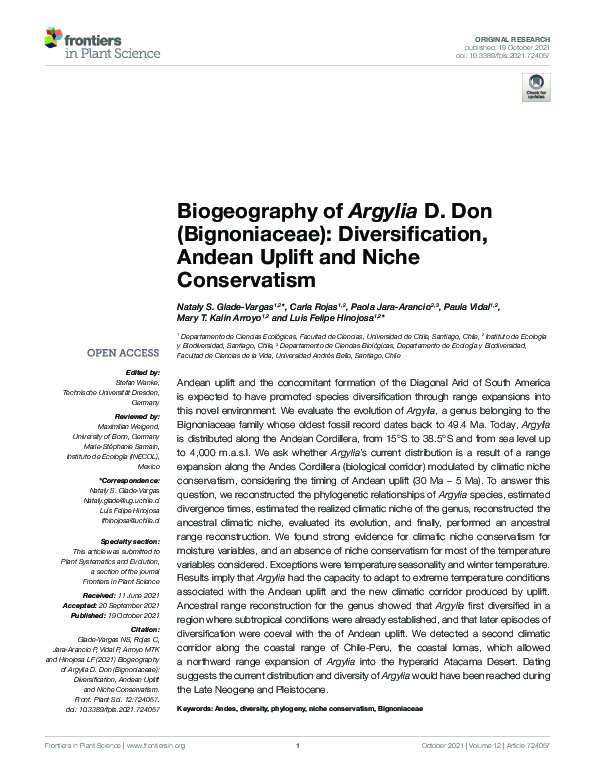 First page of “Biogeography of Argylia D. Don (Bignoniaceae): Diversification, Andean Uplift and Niche Conservatism”