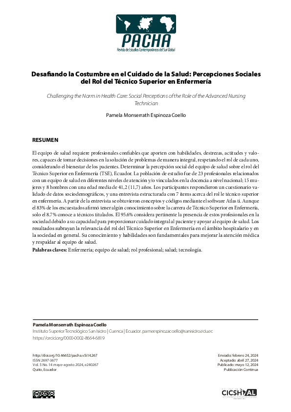 First page of “Desafiando la Costumbre en el Cuidado de la Salud: Percepciones Sociales del Rol del Técnico Superior en Enfermería”