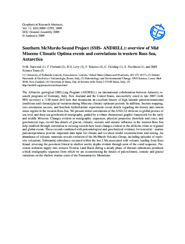 First page of “Southern McMurdo Sound Project (SMS- ANDRILL): overview of Mid Miocene Climatic Optima events and correlations in western Ross Sea, Antarctica”