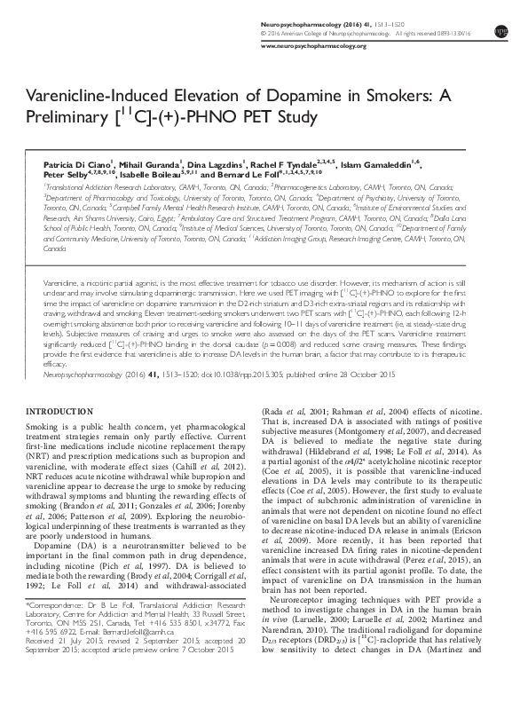 First page of “Varenicline-Induced Elevation of Dopamine in Smokers: A Preliminary [11C]-(+)-PHNO PET Study”