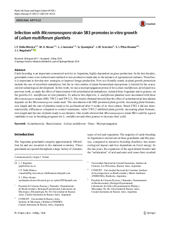 First page of “Infection with Micromonospora strain SB3 promotes in vitro growth of Lolium multiflorum plantlets”