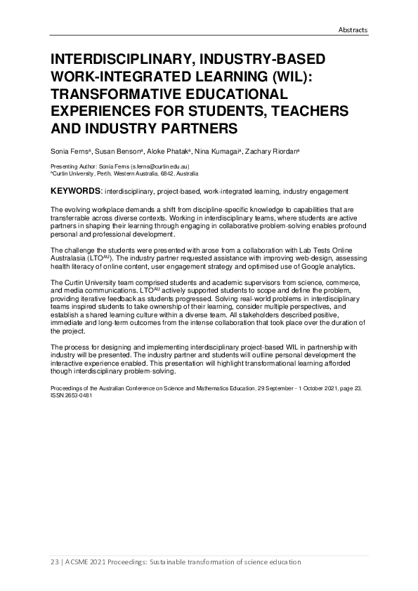 First page of “Interdisciplinary, Industry-Based Work-Integrated Learning (Wil): Transformative Educational Experiences for Students, Teachers and Industry Partners”