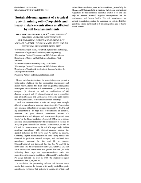 First page of “Sustainable management of a tropical post-tin mining soil - Crop yields and heavy metal concentrations as affected by soil local amendments”