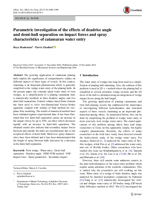 First page of “Parametric investigation of the effects of deadrise angle and demi-hull separation on impact forces and spray characteristics of catamaran water entry”