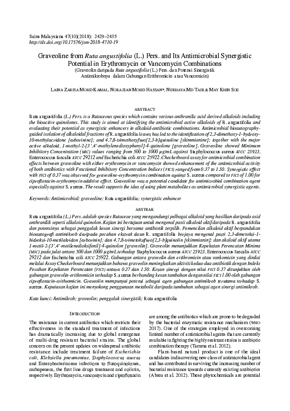 First page of “Graveoline from Ruta angustifolia (L.) Pers. and Its Antimicrobial Synergistic Potential in Erythromycin or Vancomycin Combinations”