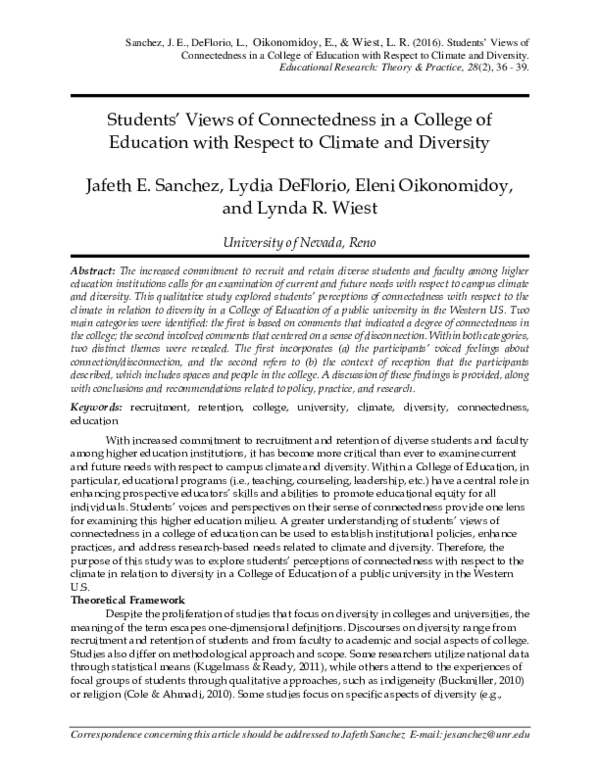 First page of “Students' Views of Connectedness in a College of Education with Respect to Climate and Diversity”