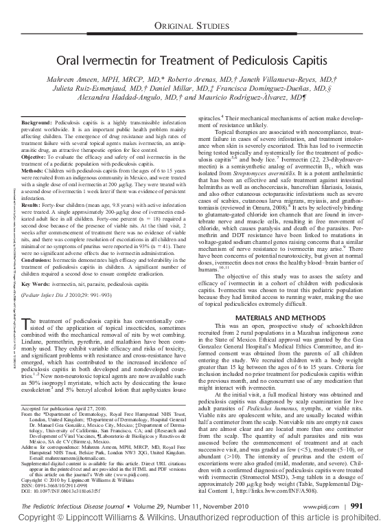 First page of “Oral Ivermectin for Treatment of Pediculosis Capitis”