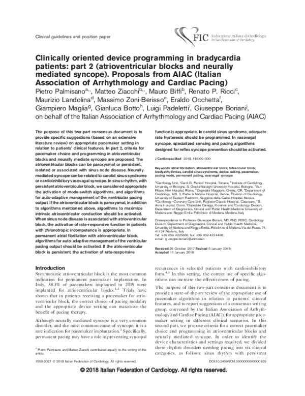 First page of “Clinically oriented device programming in bradycardia patients: part 2 (atrioventricular blocks and neurally mediated syncope). Proposals from AIAC (Italian Association of Arrhythmology and Cardiac Pacing)”