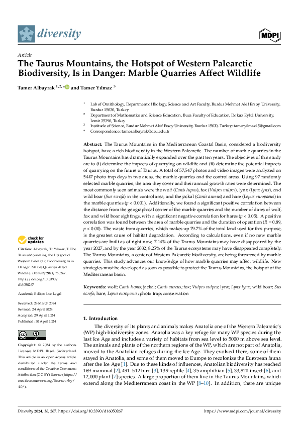 First page of “The Taurus Mountains, the Hotspot of Western Palearctic Biodiversity, Is in Danger: Marble Quarries Affect Wildlife”