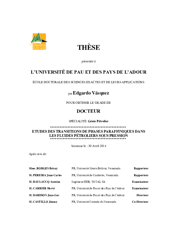 First page of “Etudes des transitions de phases paraffiniques dans les fluides pétroliers sous pression”